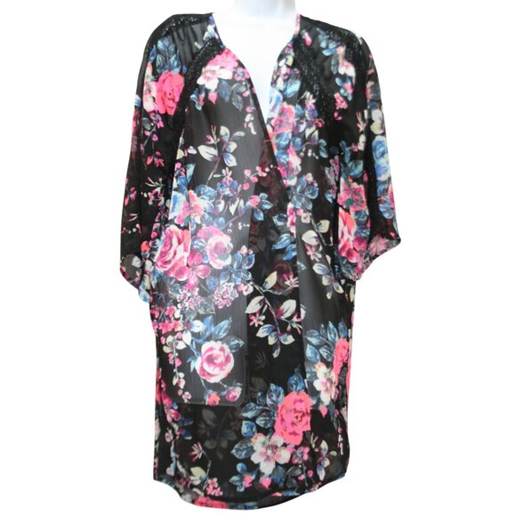Express Sheer Black Floral Kimono Womens Medium Lace Trim Boho Layering Cardigan - Picture 1 of 7